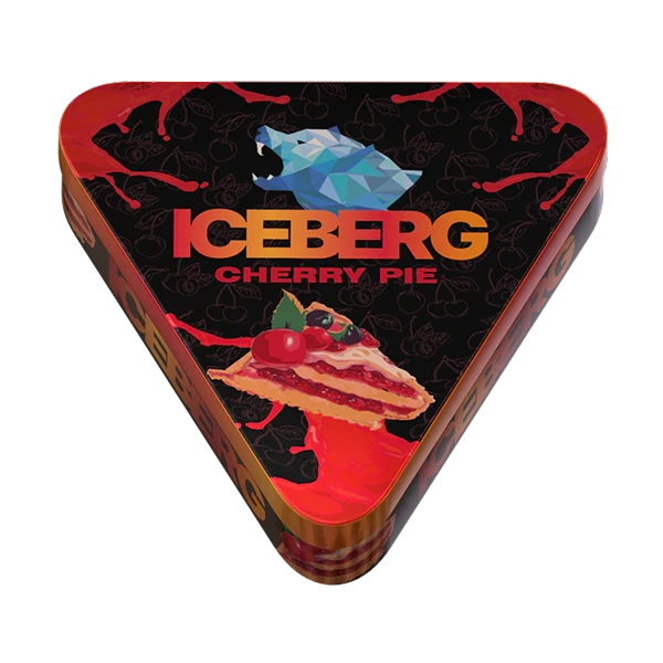 Triangular tin packaging of Iceberg Cherry Pie with colorful design and logo.