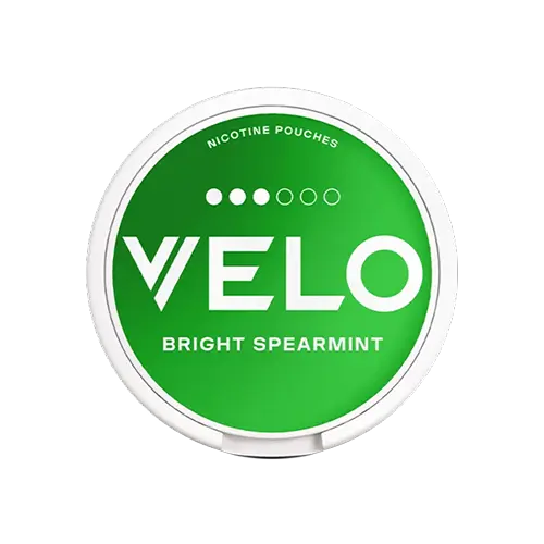 Product image of VELO Bright Spearmint 14MG nicotine pouches with fresh spearmint flavor, 10 mg nicotine per pouch, slim format and 20 pouches per can.