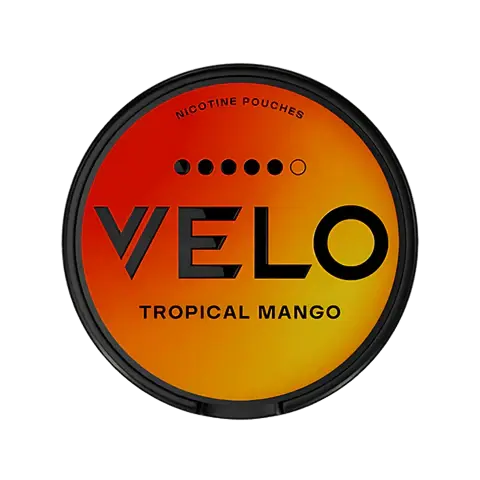 Round orange VELO container labeled 'Tropical Mango', showing a nicotine pouches can with high-nic 20mg strength on a white background.