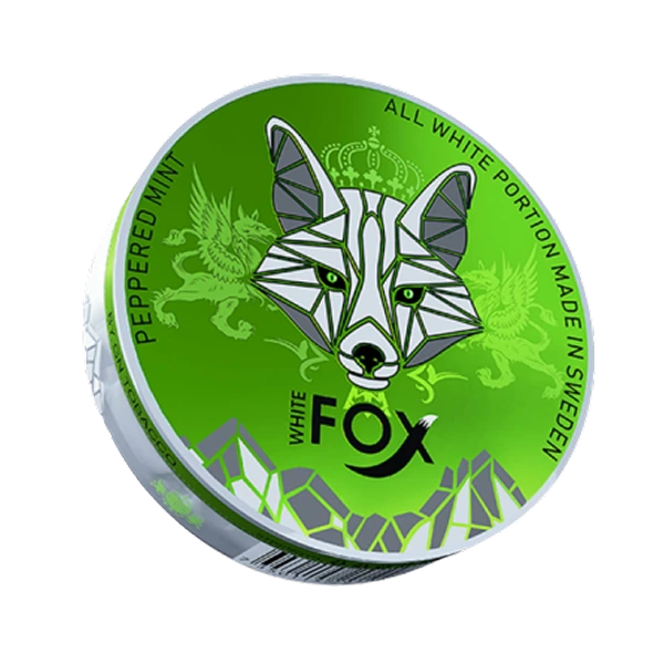 Green packaging nicotine pouches of White Fox peppermint product with fox design