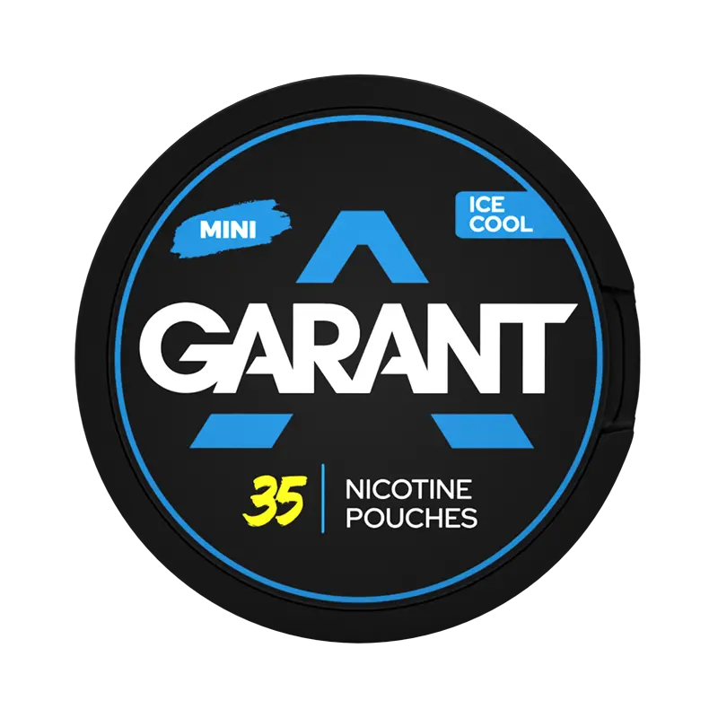 Round container of Garant nicotine pouches with black and blue design