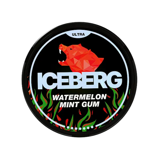 Iceberg watermelon mint gum 70mg nicotine pouches container with red bear logo on a black background