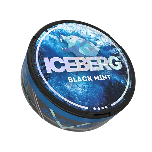 ICEBERG Black Mint 50mg 2D front view with dark mint-themed design on nicotine pouch can — Buy on JETSNUS.com