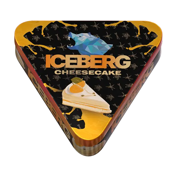 3D angled view of ICEBERG Pie Can Cheesecake 50mg showing curved metal pie-can shape and rich cheesecake artwork — available at JETSNUS.com