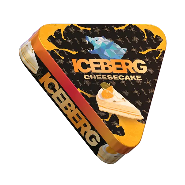 Side-profile 3D view of ICEBERG Pie Can Cheesecake 50mg highlighting limited edition metal texture and 40-pouch capacity — Buy on JETSNUS.com