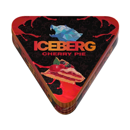Triangular tin packaging of Iceberg Cherry Pie with colorful design and logo.