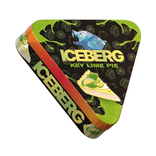 Angled view of ICEBERG Pie Can Key Lime 50mg metal pie-style nicotine pouch can showing 40-pouch limited edition citrus design - JetSnus.com