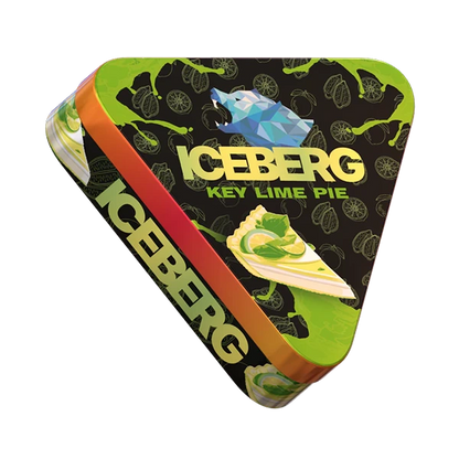 Angled view of ICEBERG Pie Can Key Lime 50mg metal pie-style nicotine pouch can showing 40-pouch limited edition citrus design - JetSnus.com