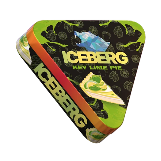 Angled view of ICEBERG Pie Can Key Lime 50mg metal pie-style nicotine pouch can showing 40-pouch limited edition citrus design - JetSnus.com