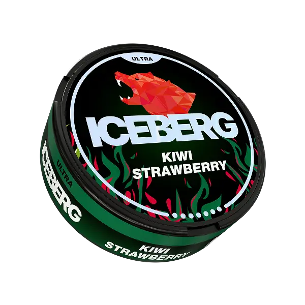 Side 3D perspective of ICEBERG Kiwi Strawberry 70mg nicotine pouch can with bright kiwi-strawberry graphics and depth — Buy on JETSNUS.com