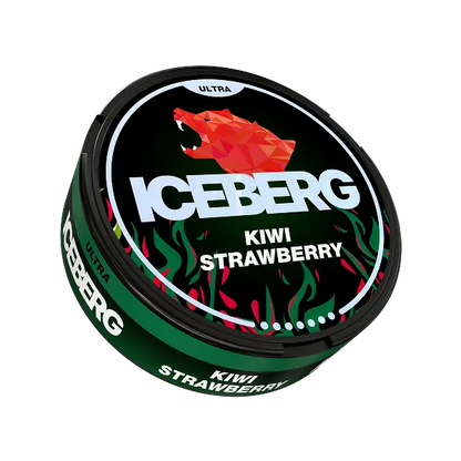 Side 3D perspective of ICEBERG Kiwi Strawberry 70mg nicotine pouch can with bright kiwi-strawberry graphics and depth — Buy on JETSNUS.com