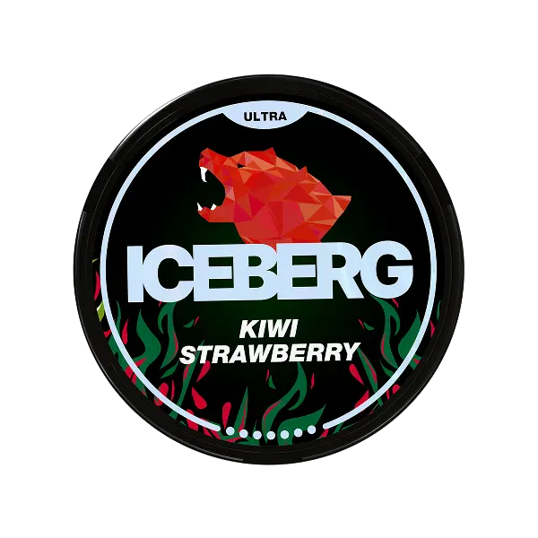 3D angled view of ICEBERG Kiwi Strawberry 70mg can showing ultra-strong fruity artwork and curved can shape — available at JETSNUS.com