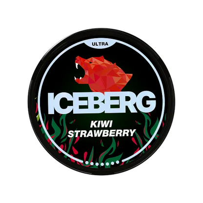 3D angled view of ICEBERG Kiwi Strawberry 70mg can showing ultra-strong fruity artwork and curved can shape — available at JETSNUS.com
