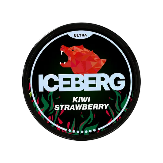 3D angled view of ICEBERG Kiwi Strawberry 70mg can showing ultra-strong fruity artwork and curved can shape — available at JETSNUS.com