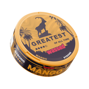 A round tin of Wasted Mango flavor vape juice, featuring a yellow lid with a goat silhouette and palm trees, and a dark navy label with the text 'GREATEST OF ALL TIME' and 'wasted'.