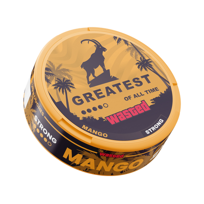 A round tin of Wasted Mango flavor vape juice, featuring a yellow lid with a goat silhouette and palm trees, and a dark navy label with the text 'GREATEST OF ALL TIME' and 'wasted'.