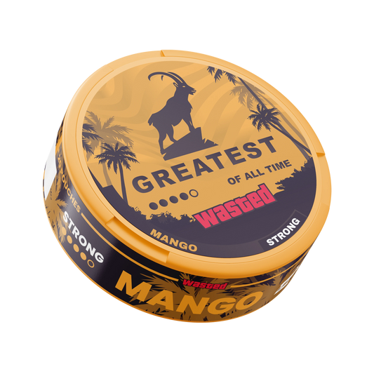 A round tin of Wasted Mango flavor vape juice, featuring a yellow lid with a goat silhouette and palm trees, and a dark navy label with the text 'GREATEST OF ALL TIME' and 'wasted'.