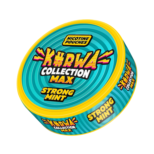 KURWA MAX Strong Mint 43mg nicotine pouches can with sharp icy mint flavor