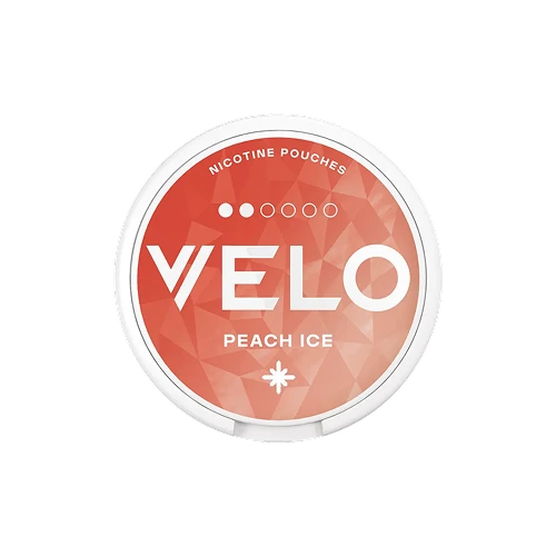 Product image of VELO Peach Ice Mini 6MG nicotine pouches with sweet peach and cooling menthol flavor, 9.6 mg/g nicotine and 6 mg per pouch.