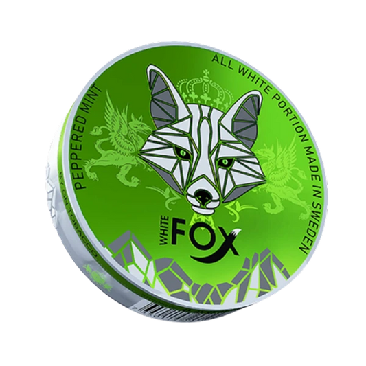 Green packaging nicotine pouches of White Fox peppermint product with fox design