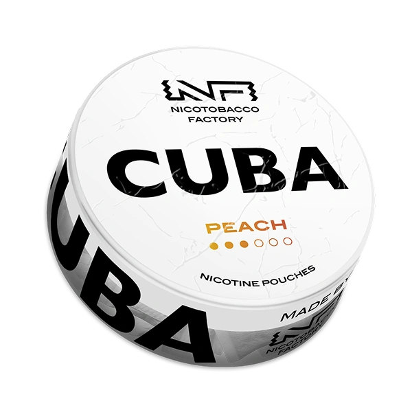 CUBA White Peach nicotine pouches 16 mg/g – juicy peach flavor can available at JetSnus.com