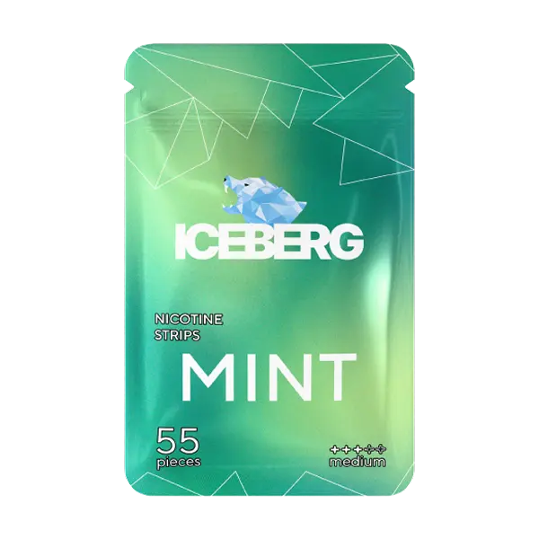 ICEBERG Mint brand New nicotine strips 11mg in a sleek modern packet, delivering a crisp mint flavour through 55 ultra-thin tobacco-free strips — available now on JETSNUS.com