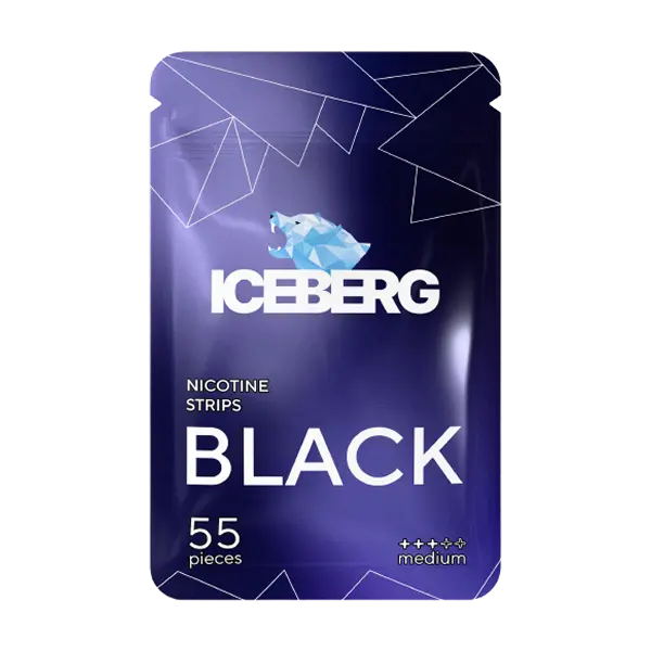 ICEBERG Black nicotine strips 11mg in a sleek minimalist packet, offering a bold clean flavour through 55 ultra-thin tobacco-free strips — available now on JETSNUS.com