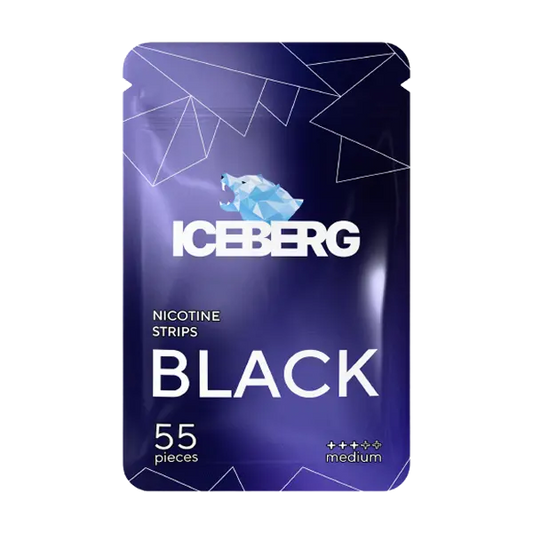ICEBERG Black nicotine strips 11mg in a sleek minimalist packet, offering a bold clean flavour through 55 ultra-thin tobacco-free strips — available now on JETSNUS.com