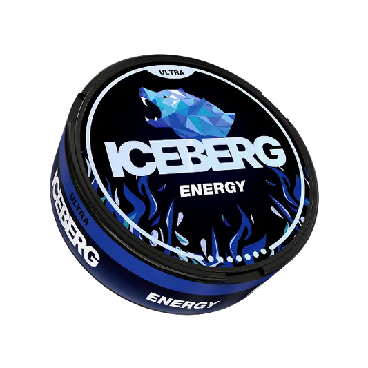 iceberg energy 70mg extra strong nicotine pouches front can on white background