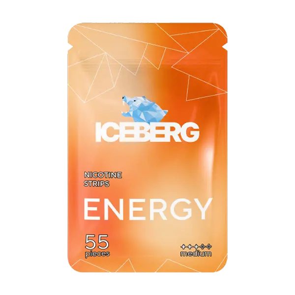 ICEBERG Energy nicotine strips 11mg in a sleek modern packet, featuring an energy-drink inspired flavour and 55 ultra-thin tobacco-free strips — available now on JETSNUS.com