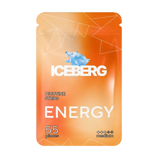 ICEBERG Energy nicotine strips 11mg in a sleek modern packet, featuring an energy-drink inspired flavour and 55 ultra-thin tobacco-free strips — available now on JETSNUS.com