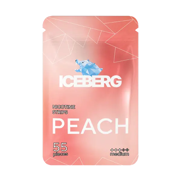 ICEBERG Peach nicotine strips 11mg in a sleek limited packet, featuring a soft peach flavour profile and 55 ultra-thin tobacco-free strips — available now on JETSNUS.com