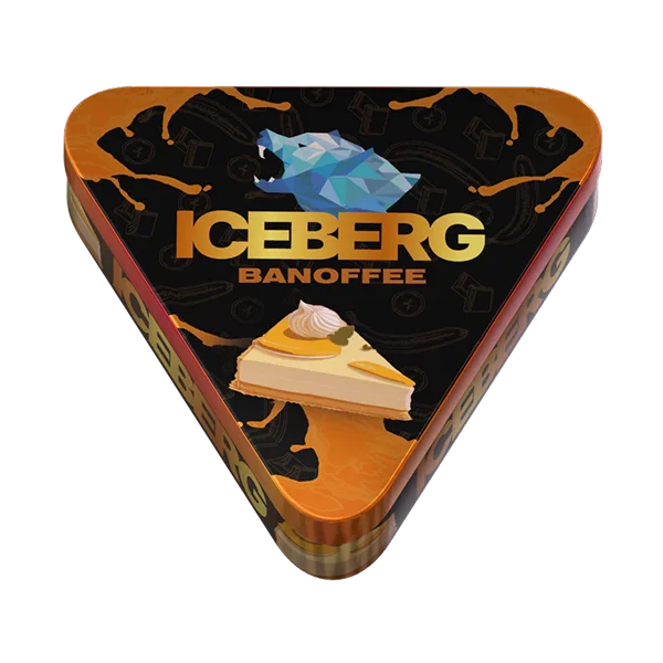 Angled view of ICEBERG Pie Can Banoffee 50mg metal pie-style nicotine pouch can showing 40-pouch limited edition design