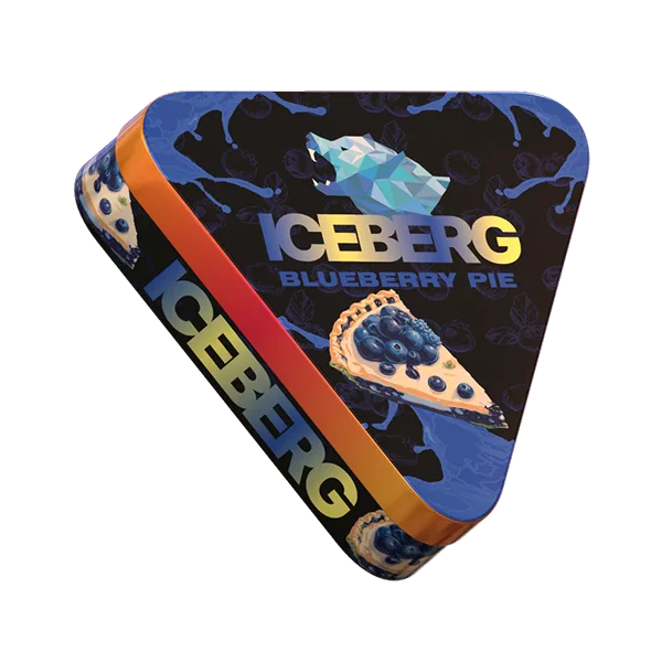 Angled view of ICEBERG Pie Can Blueberry 50mg metal pie-style nicotine pouch can showing 40-pouch limited edition design