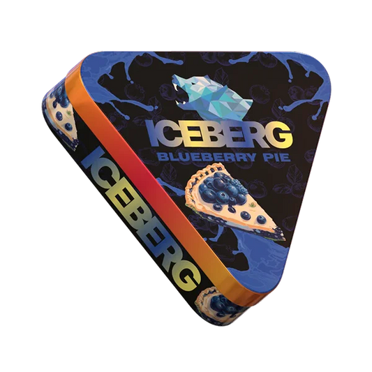 Angled view of ICEBERG Pie Can Blueberry 50mg metal pie-style nicotine pouch can showing 40-pouch limited edition design