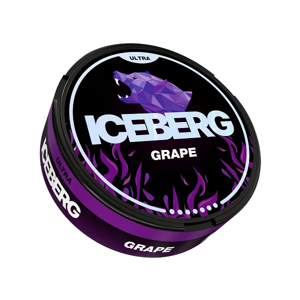 Purple and black packaging of Iceberg Ultra Grape 70mg with a wolf logo on a white background, nicotine pouches