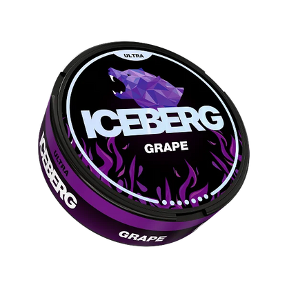 Purple and black packaging of Iceberg Ultra Grape 70mg with a wolf logo on a white background, nicotine pouches