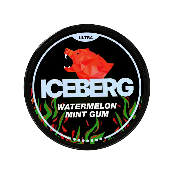 Iceberg watermelon mint gum 70mg nicotine pouches container with red bear logo on a black background