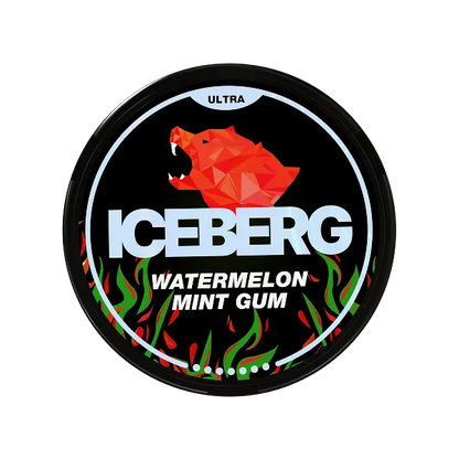 Iceberg watermelon mint gum 70mg nicotine pouches container with red bear logo on a black background
