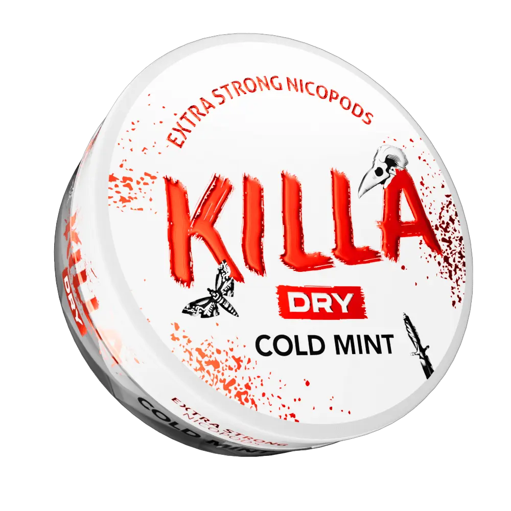 KILLA Cold Mint Dry 16mg 2D front view with cold mint design on dry nicotine pouch can — Buy on JETSNUS.com