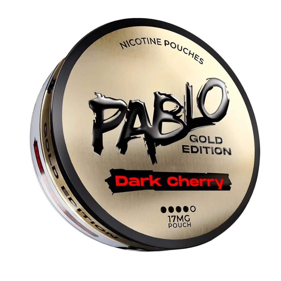 PABLO Gold Edition Dark Cherry 24.29mg 2D front view with premium gold packaging and dark cherry flavour design on nicotine pouch can — Buy on JETSNUS.com