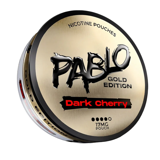 PABLO Gold Edition Dark Cherry 24.29mg 2D front view with premium gold packaging and dark cherry flavour design on nicotine pouch can — Buy on JETSNUS.com