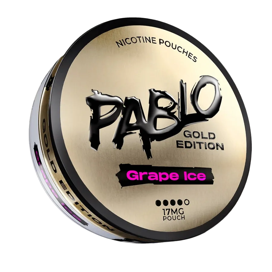PABLO Gold Edition Grape Ice 24.29mg 2D front view with gold packaging and grape ice flavour design on nicotine pouch can — Buy on JETSNUS.com