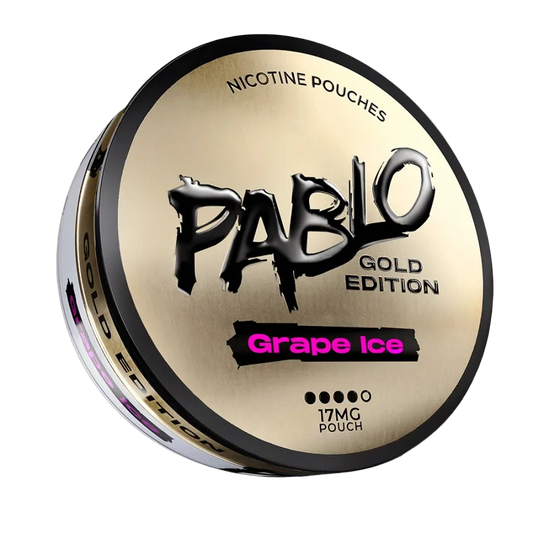 PABLO Gold Edition Grape Ice 24.29mg 2D front view with gold packaging and grape ice flavour design on nicotine pouch can — Buy on JETSNUS.com