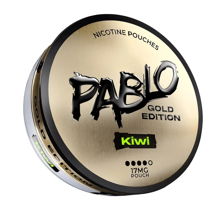 PABLO Gold Edition Kiwi 24.29mg 2D front view with gold packaging and kiwi flavour design on nicotine pouch can — Buy on JETSNUS.com