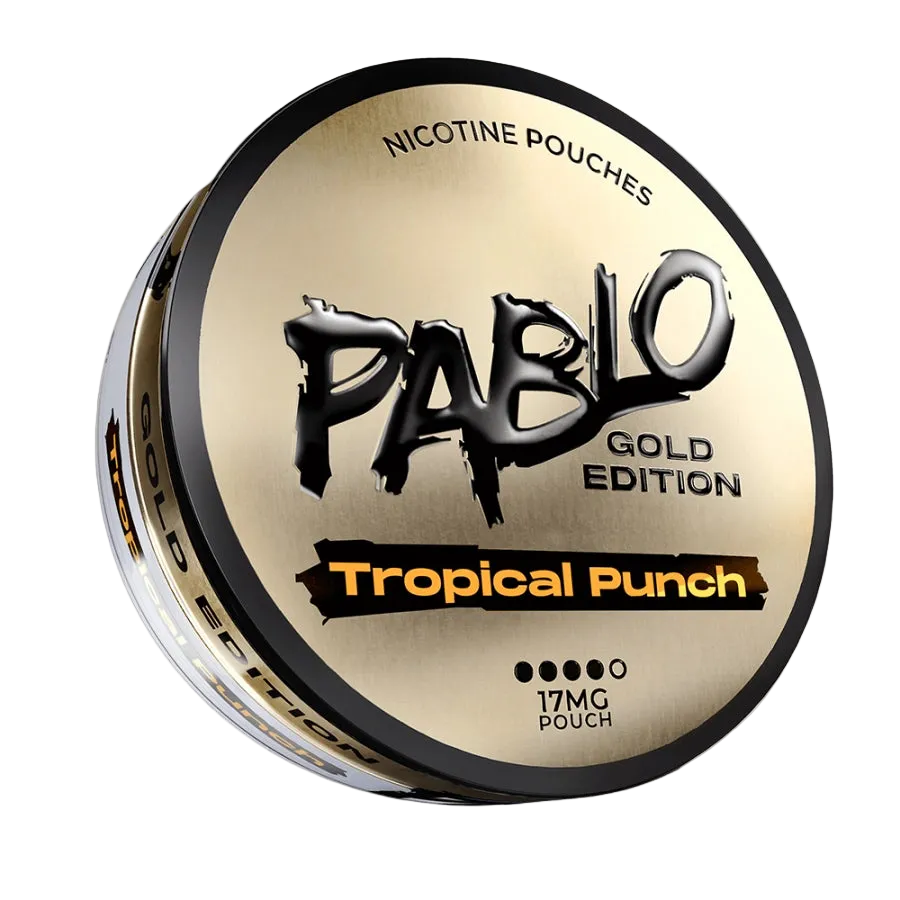 PABLO Gold Edition Tropical Punch 24.29mg 2D front view with premium gold packaging and tropical fruit punch flavour design on nicotine pouch can — Buy on JETSNUS.com