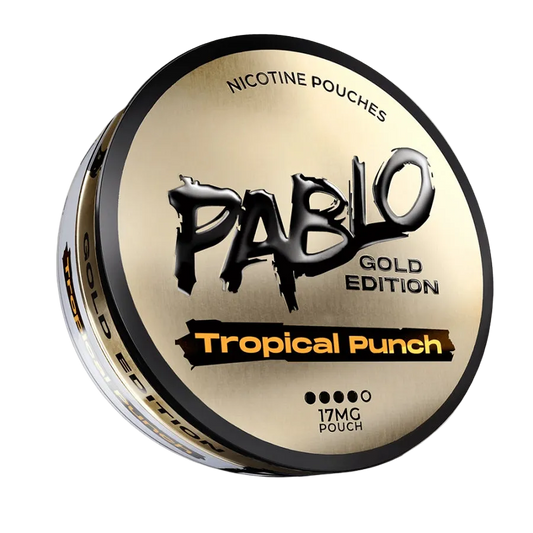 PABLO Gold Edition Tropical Punch 24.29mg 2D front view with premium gold packaging and tropical fruit punch flavour design on nicotine pouch can — Buy on JETSNUS.com