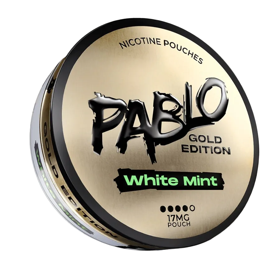 PABLO Gold Edition White Mint 24.29mg 2D front view with premium gold packaging and clean white mint flavour design on nicotine pouch can — Buy on JETSNUS.com