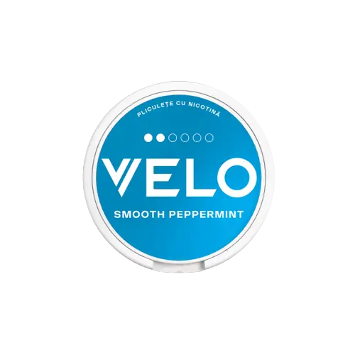 Product image of VELO Smooth Peppermint 6MG Mini nicotine pouches with a smooth peppermint flavor, 9.6 mg/g nicotine and 15 pouches per 14 g can.